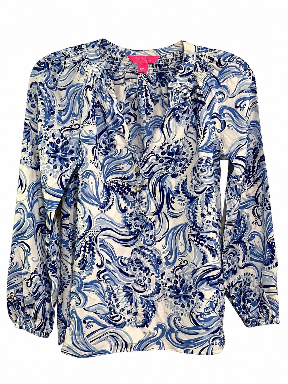 Lilly Pulitzer Elsa Silk Top in “White Don’t Be Jelly” Blue Swirl Tunic Blouse